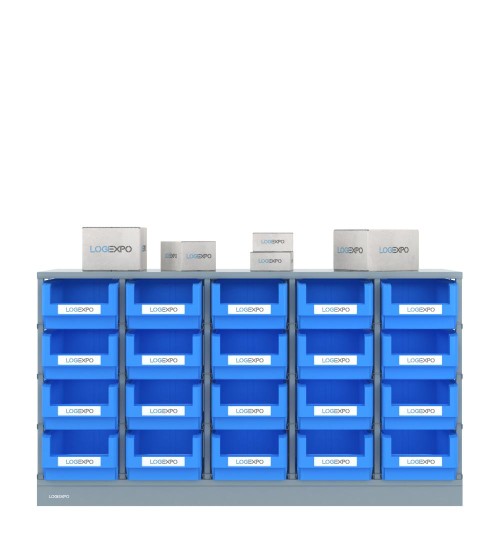 SCAFFALE MONOBLOCCO con 20 contenitori, zoccolo e top di protezione