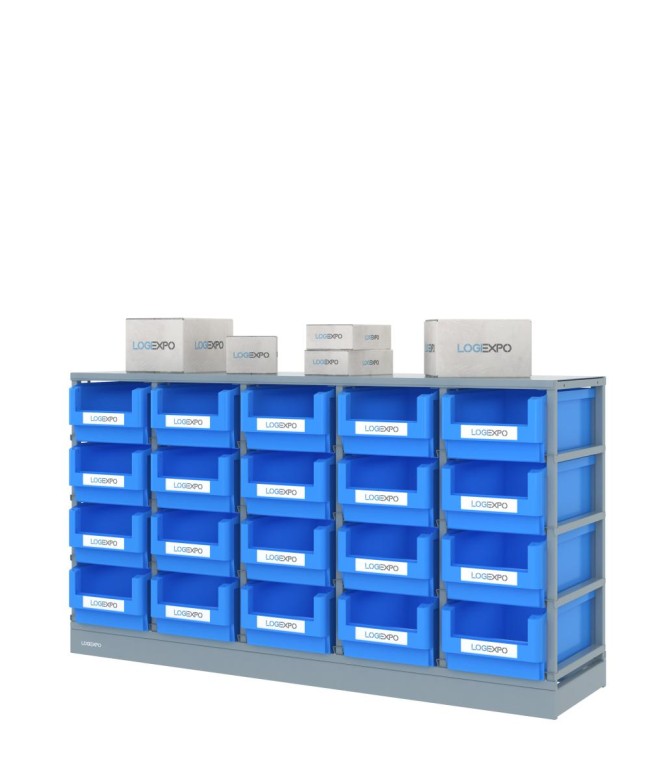 SCAFFALE MONOBLOCCO con 20 contenitori, zoccolo e top di protezione