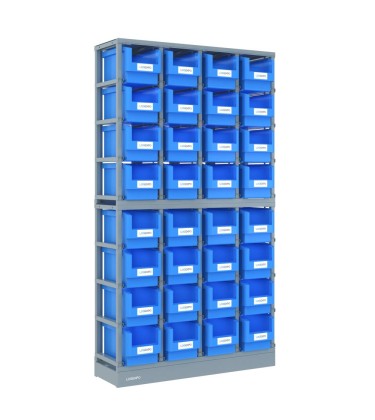 SCAFFALI PORTA MINUTERIA con 32 contenitori, zoccolo e top antipolvere