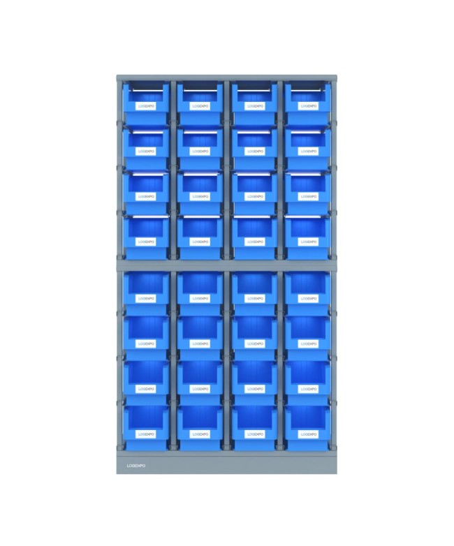 SCAFFALI PORTA MINUTERIA con 32 contenitori, zoccolo e top antipolvere