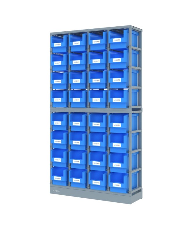 SCAFFALI PORTA MINUTERIA con 32 contenitori, zoccolo e top antipolvere