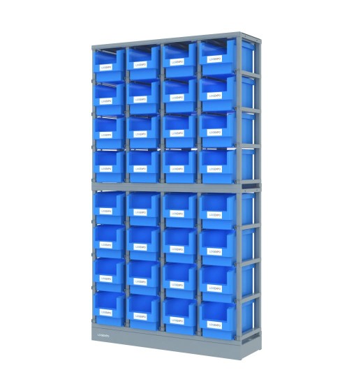 SCAFFALI PORTA MINUTERIA con 32 contenitori, zoccolo e top antipolvere