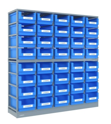 DOPPIO SCAFFALE MONOBLOCCO con 40 contenitori, zoccolo e top