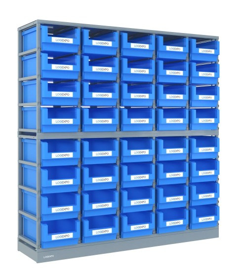 DOPPIO SCAFFALE MONOBLOCCO con 40 contenitori, zoccolo e top