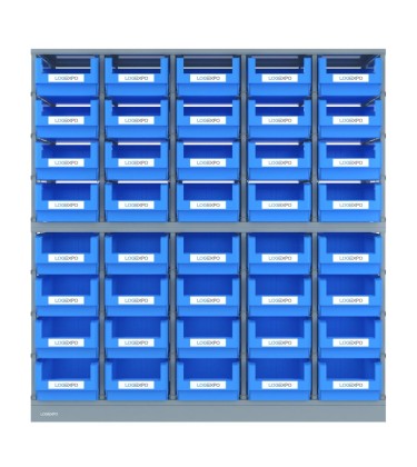 DOPPIO SCAFFALE MONOBLOCCO con 40 contenitori, zoccolo e top 2