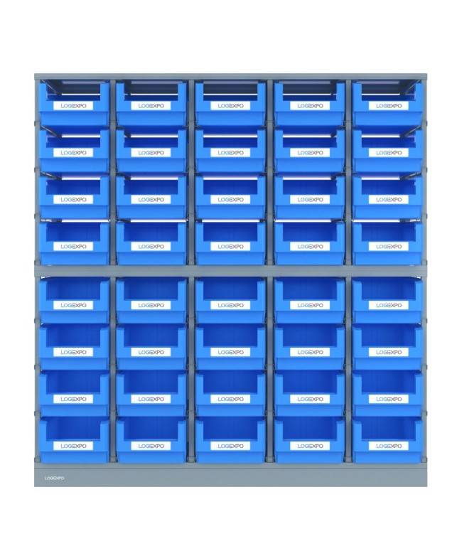 DOPPIO SCAFFALE MONOBLOCCO con 40 contenitori, zoccolo e top