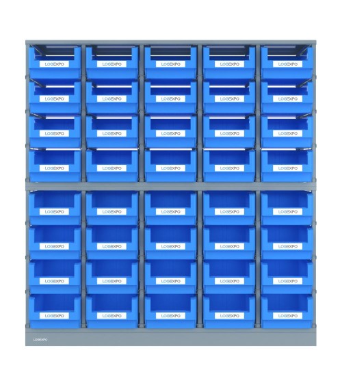 DOPPIO SCAFFALE MONOBLOCCO con 40 contenitori, zoccolo e top