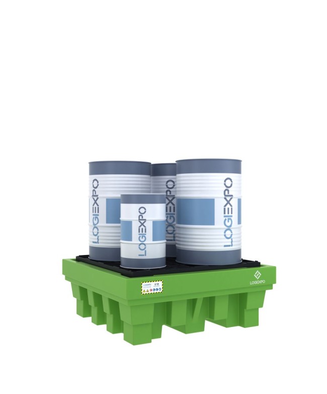 Vasca di raccolta antisversamento in polietilene per il contenimento di quattro fusti da 200 litri