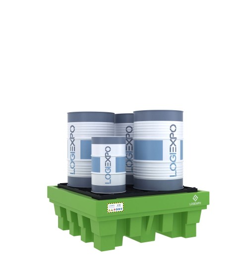 Vasca di raccolta antisversamento in polietilene per il contenimento di quattro fusti da 200 litri