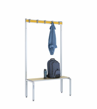 Panca spogliatoio singola 100cm con appendiabiti in alluminio e HPL con seduta a doghe e piedini regolabili