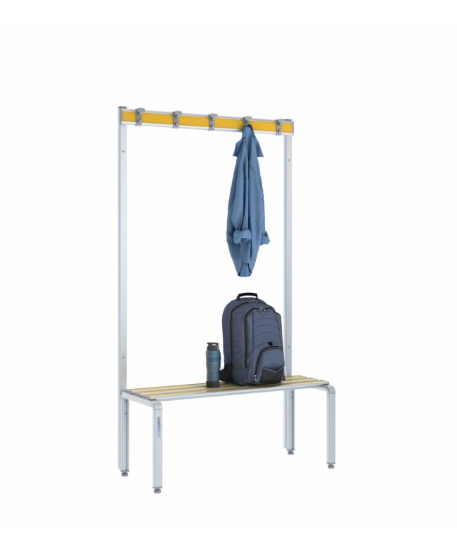 Panca spogliatoio singola 100cm con appendiabiti in alluminio e HPL con seduta a doghe e piedini regolabili