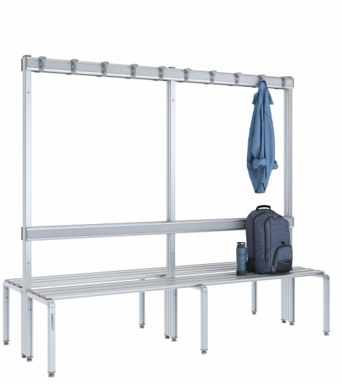 Panca doppia 200cm con appendiabiti e schienale – Alluminio e HPL