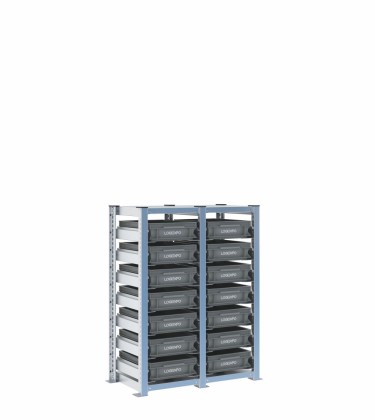 Scaffale H1000 a 2 campate con 14 contenitori Euro 400x300x100h, vista prospettica