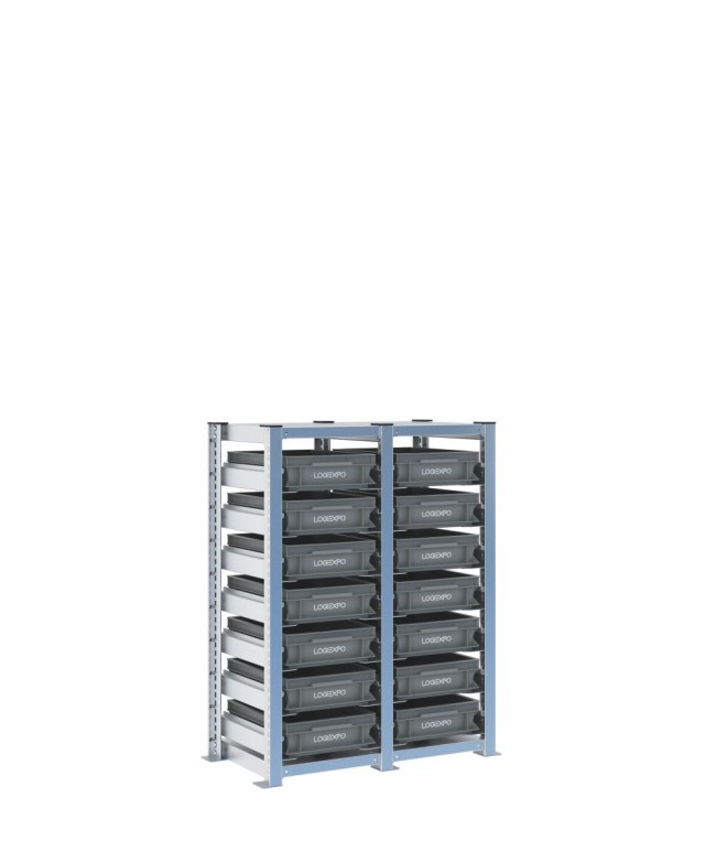 Scaffale H1000 a 2 campate con 14 contenitori Euro 400x300x100h, vista prospettica