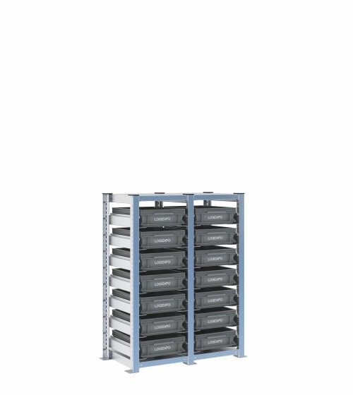 Scaffale H1000 a 2 campate con 14 contenitori Euro 400x300x100h, vista prospettica