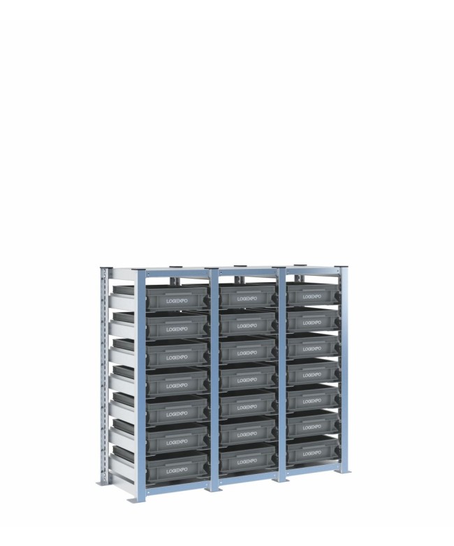 Scaffale H1000 a 3 campate con 21 contenitori Euro 400x300x100h, vista prospettica