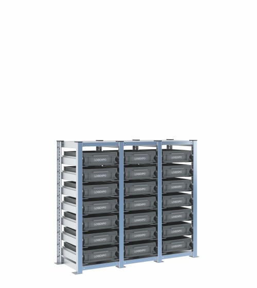 Scaffale H1000 a 3 campate con 21 contenitori Euro 400x300x100h, vista prospettica