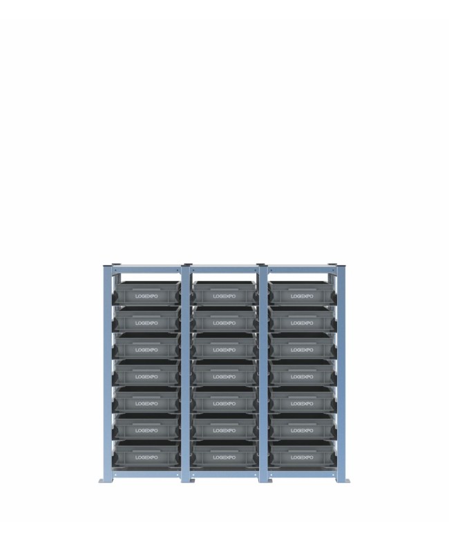 Scaffale H1000 a 3 campate con 21 contenitori Euro 400x300x100h, vista frontale