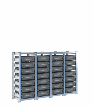 Scaffale H1000 a 4 campate con 28 contenitori Euro 400x300x100h, vista prospettica