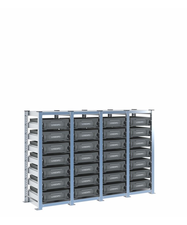 Scaffale H1000 a 4 campate con 28 contenitori Euro 400x300x100h, vista prospettica