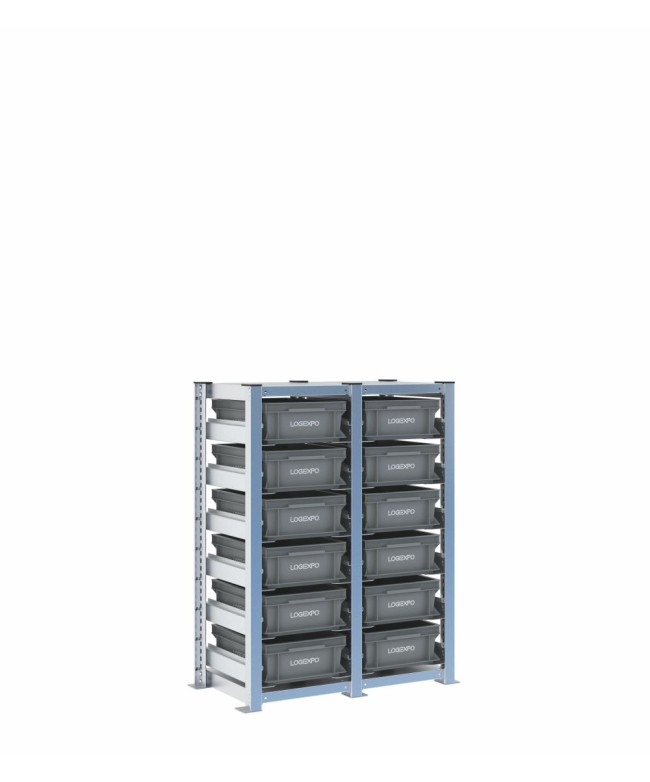 Scaffale H1000 a 2 campate con 12 contenitori Euro 400x300x130h, vista prospettica