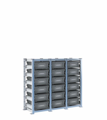 Scaffale H1000 a 3 campate con 18 contenitori Euro 400x300x130h, vista prospettica