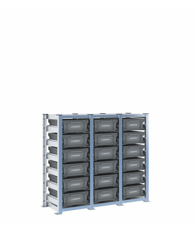 Scaffale H1000 a 3 campate con 18 contenitori Euro 400x300x130h, vista prospettica
