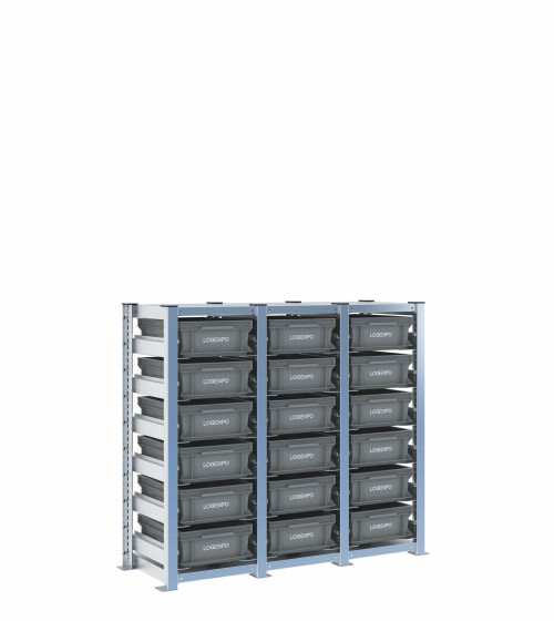 Scaffale H1000 a 3 campate con 18 contenitori Euro 400x300x130h, vista prospettica