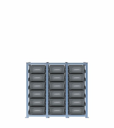 Scaffale H1000 a 3 campate con 18 contenitori Euro 400x300x130h, vista prospettica 2