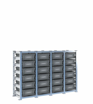Scaffale H1000 a 4 campate con 24 contenitori Euro 400x300x130h, vista prospettica