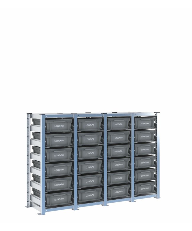 Scaffale H1000 a 4 campate con 24 contenitori Euro 400x300x130h, vista prospettica