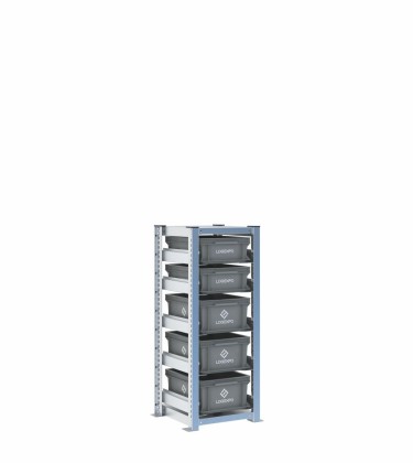Scaffale H1000 a 1 campata con 5 contenitori Euro 400x300 di altezze 170h e 130h, vista prospettica