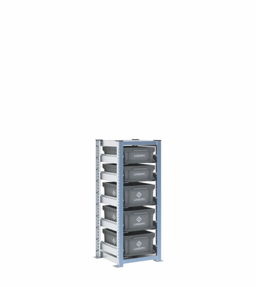 Scaffale H1000 a 1 campata con 5 contenitori Euro 400x300 di altezze 170h e 130h, vista prospettica