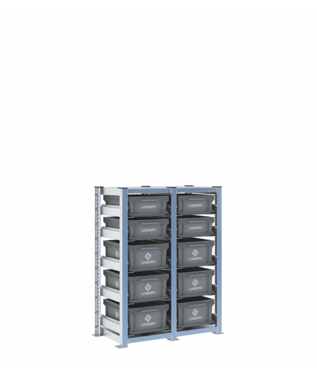 Scaffale H1000 a 2 campate con 10 contenitori Euro 400x300 di altezze 170h e 130h, vista prospettica