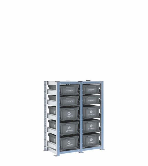 Scaffale H1000 a 2 campate con 10 contenitori Euro 400x300 di altezze 170h e 130h, vista prospettica