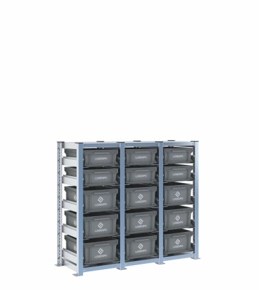Scaffale H1000 a 3 campate con 15 contenitori Euro 400x300 di altezze 170h e 130h, vista prospettica