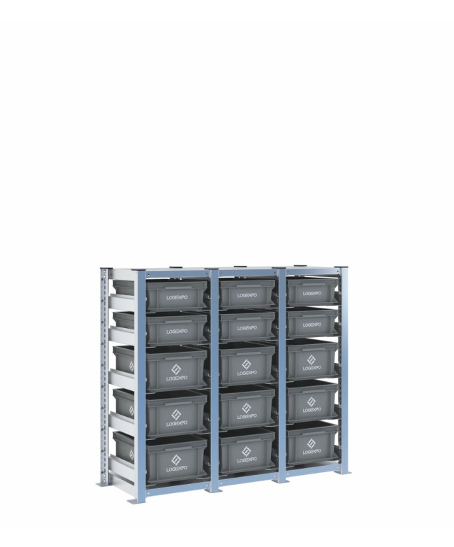 Scaffale H1000 a 3 campate con 15 contenitori Euro 400x300 di altezze 170h e 130h, vista prospettica