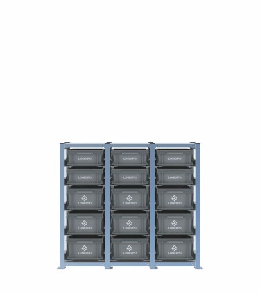 Scaffale H1000 a 3 campate con 15 contenitori Euro 400x300 di altezze 170h e 130h, vista prospettica 2