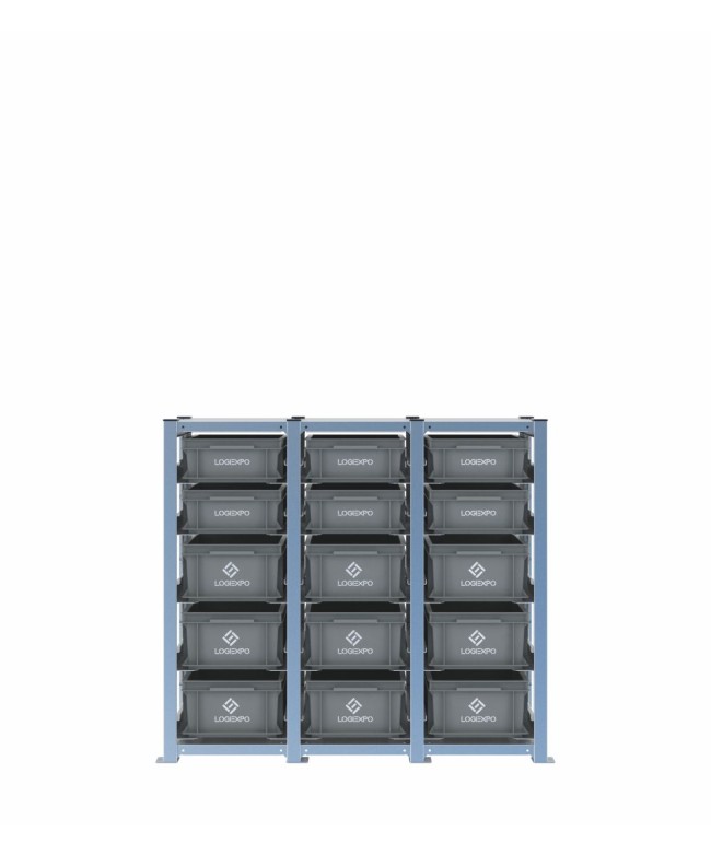 Scaffale H1000 a 3 campate con 15 contenitori Euro 400x300 di altezze 170h e 130h, vista frontale