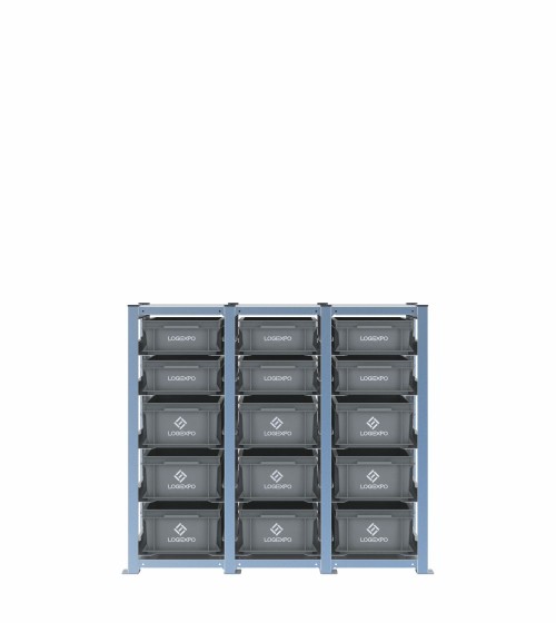 Scaffale H1000 a 3 campate con 15 contenitori Euro 400x300 di altezze 170h e 130h, vista frontale