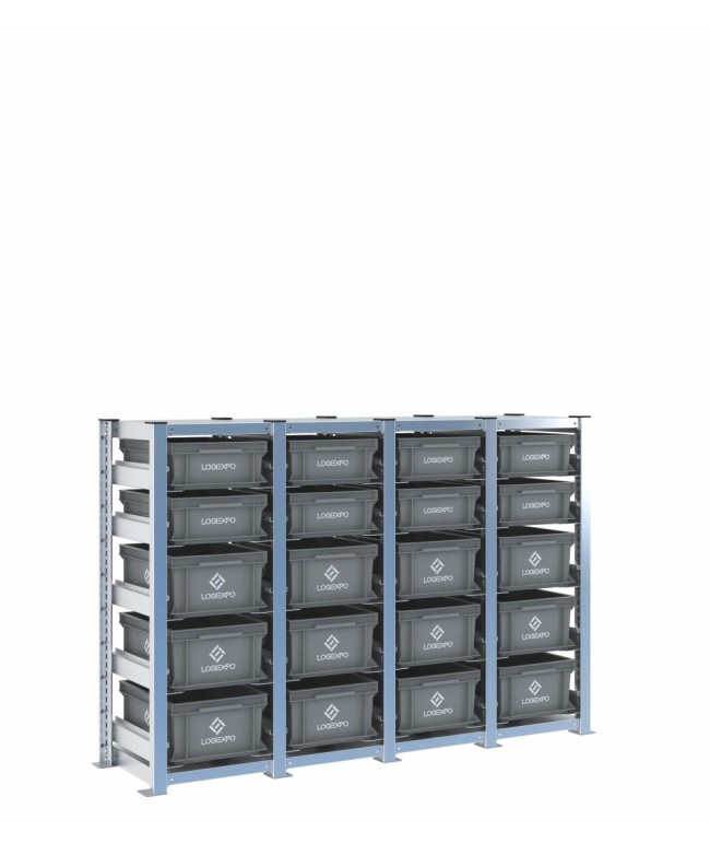 Scaffale H1000 a 4 campate con 20 contenitori Euro 400x300 di altezze 170h e 130h, vista prospettica