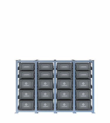 Scaffale H1000 a 4 campate con 20 contenitori Euro 400x300 di altezze 170h e 130h, vista prospettica 2
