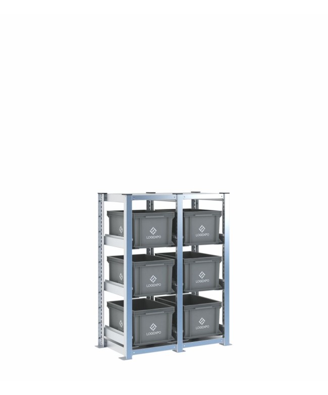 Scaffale H1000 a 2 campate con 6 contenitori Euro 400x300x220h, vista prospettica