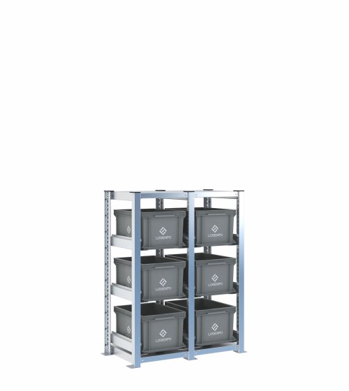 Scaffale H1000 a 2 campate con 6 contenitori Euro 400x300x220h, vista prospettica