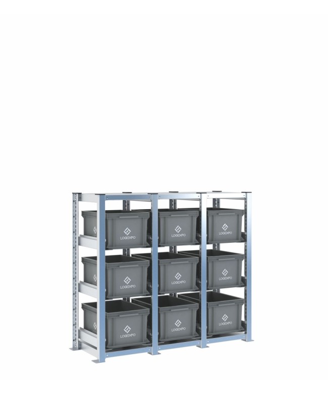 Scaffale H1000 a 3 campate con 9 contenitori Euro 400x300x220h, vista prospettica