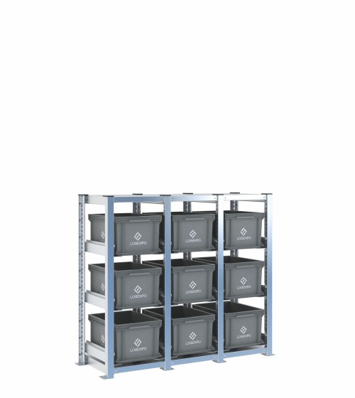 Scaffale H1000 a 3 campate con 9 contenitori Euro 400x300x220h, vista prospettica