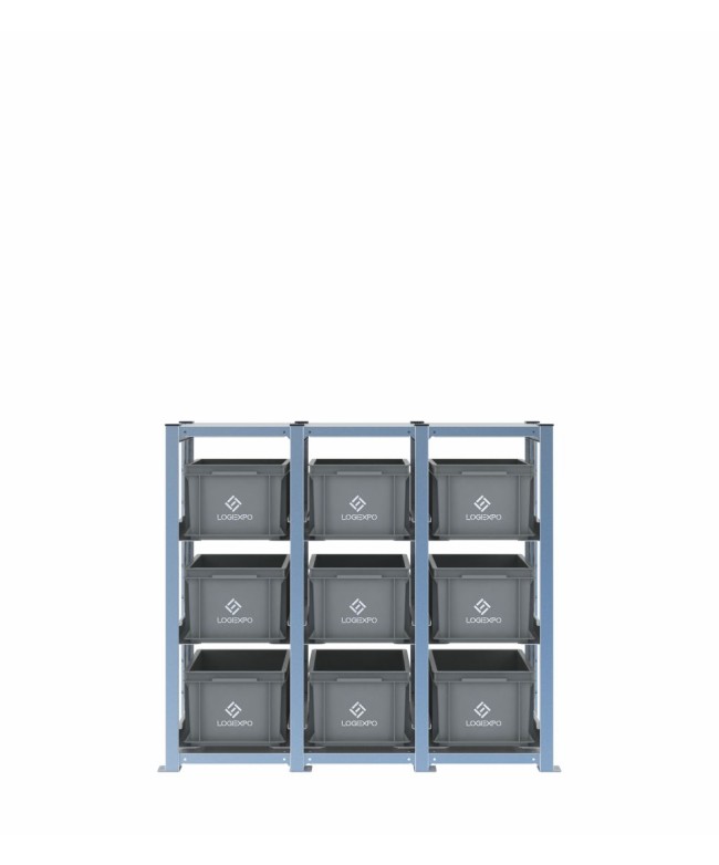 Scaffale H1000 a 3 campate con 9 contenitori Euro 400x300x220h, vista frontale