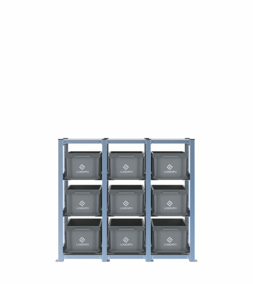Scaffale H1000 a 3 campate con 9 contenitori Euro 400x300x220h, vista frontale