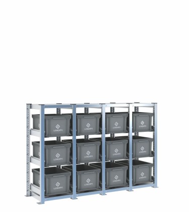 Scaffale H1000 a 4 campate con 12 contenitori Euro 400x300x220h, vista prospettica