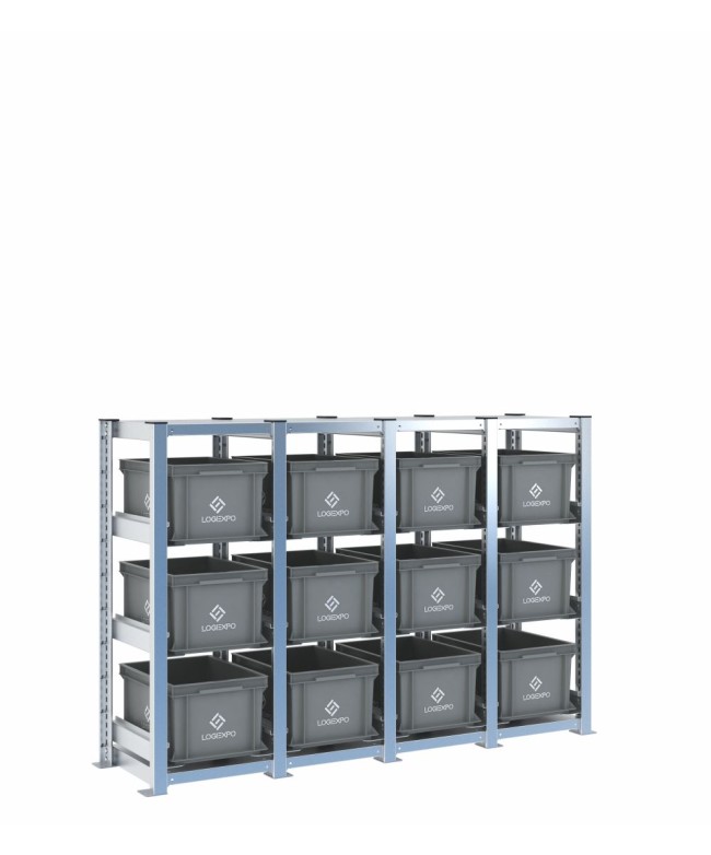 Scaffale H1000 a 4 campate con 12 contenitori Euro 400x300x220h, vista prospettica